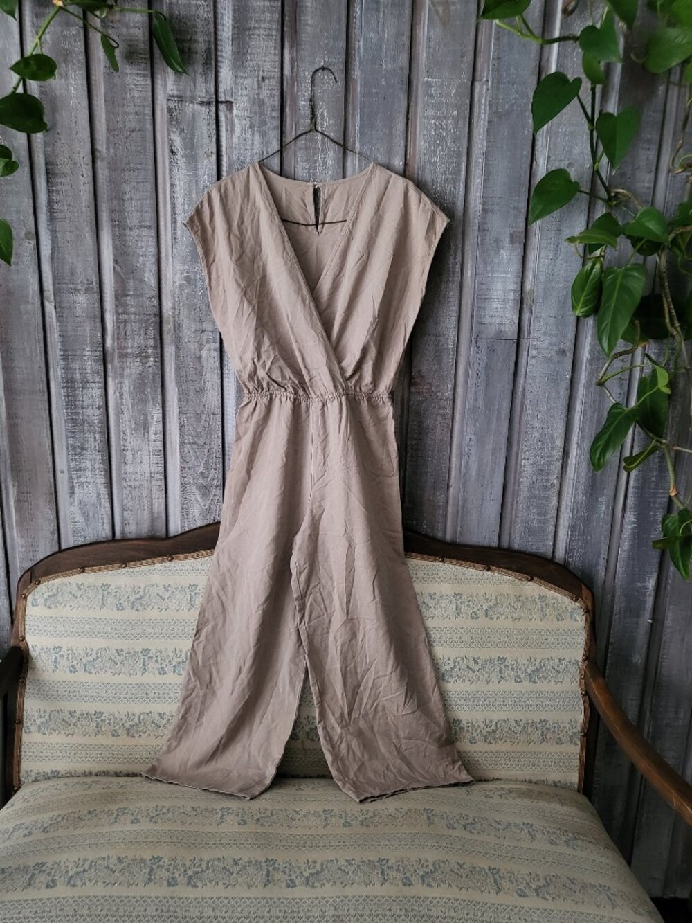 Womance Taupe Tencel Linen Blend Wide Leg Sleeveless Jumpsuit Small